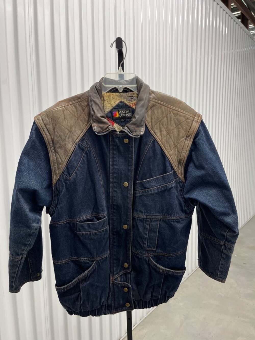 Vintage 90's Andy Johns Blue Patchwork Denim Leather Trim Jacket Size L